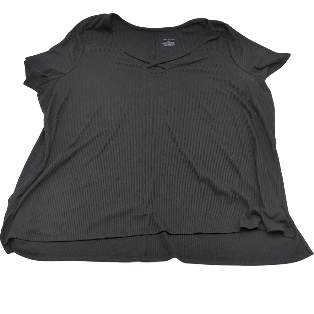 Lane Bryant Black Ribbed V-Neck Crisscross Strappy Short Sleeve Top 26/28 Plus